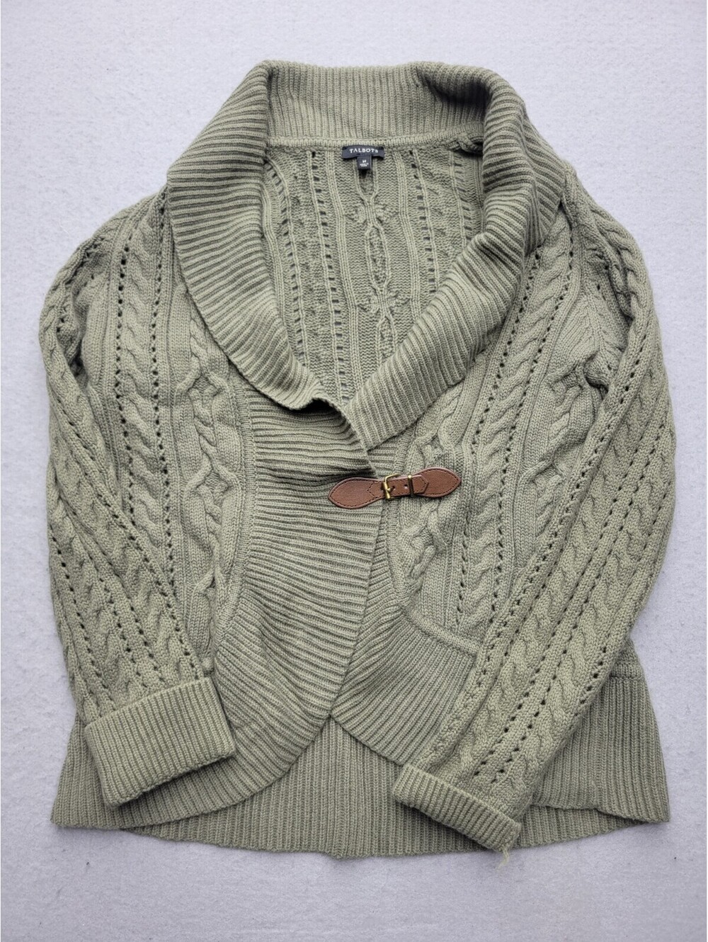 Talbots Womens Sweater Medium Green Cardigan Nylon Collared Buckle Lapel Casual
